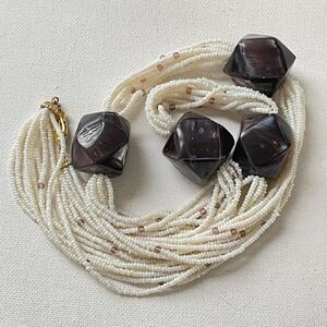 Vintage White Seed Bead Purple Mother Of Pearl Multistrand Gold Vermeil Necklace